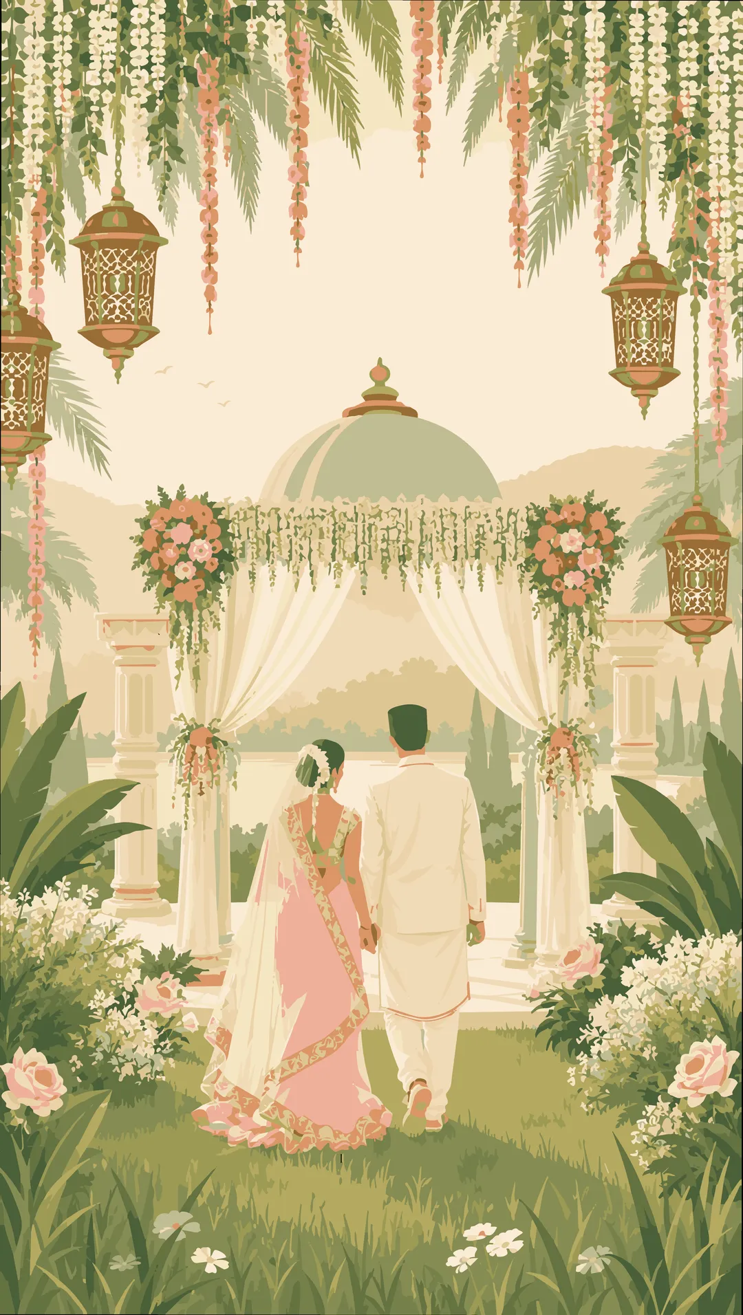 Illustration of a garden mandap with the bride and groom walking towards it